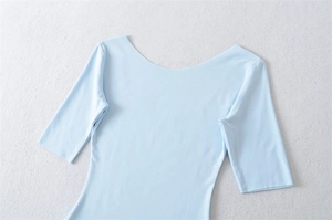 Detailed view of light blue square neck short sleeve cotton tee with soft ribbed texture