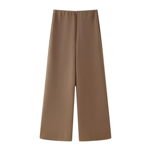 Eleganti pantaloni marroni a gamba larga a vita alta con drappeggio morbido e texture
