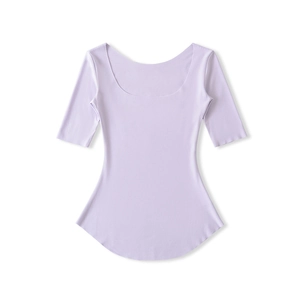 Close-up of lavender scoop neck t-shirt featuring slim fit cut and curved hem detail