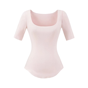 Detail view of the elegant square neckline and curved hem on this pink fitted shirt