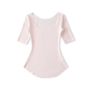 Macro detail of slim fit light pink square neck cotton T-shirt showing fabric texture