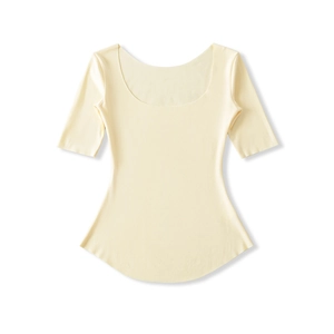 Detailed flat lay of cream yellow slim fit t-shirt with deep U-neck and soft cotton fabric