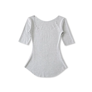 Detailed view of grey slim fit cotton t-shirt with deep U-neckline and curved hem