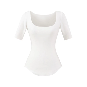 Detail view of the white square neck T-shirt showing curved hem and ribbed cotton texture