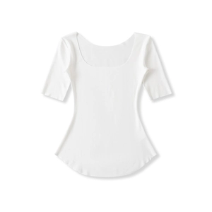 Close-up of white slim fit U-neck T-shirt with premium curved hem and soft knit texture