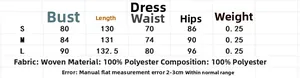 Detaillierte Größentabelle für Blumenkleid mit Maßen in Zentimetern für die Größen S, M, L
