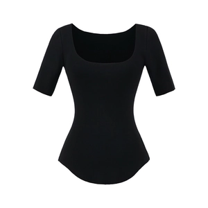 Close-up of black square-neck slim-fit cotton T-shirt with curved hem design