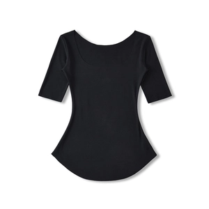 Detailed view of women's black square neck slim fit cotton t-shirt with curved hem design