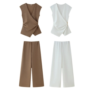 Top a Incrocio Senza Maniche con Scollo a V da Donna e Pantaloni a Gamba Larga a Vita Alta in Misto Cotone