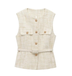Chaleco de tweed beige para mujer con botones dorados y cinturón a juego