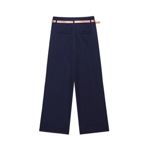 Pantaloni a gamba larga blu navy a vita alta con cintura sottile e risvolto, retro