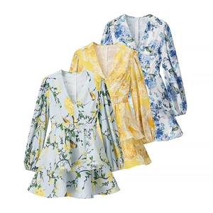 Summer V-neck floral puff sleeve dress in blue, yellow, and white colors for women