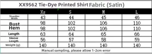 Πίνακας μεγεθών για σατέν πουκάμισο tie-dye με λεπτομερείς μετρήσεις από XS έως L