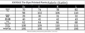 Πίνακας μεγεθών για σατέν παντελόνι tie-dye με μετρήσεις μέσης και μήκους σε cm