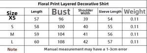 Size guide table for floral print tiered blouse showing length and bust measurements