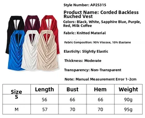 Größentabelle für das rückenfreie Neckholder-Top mit Stoff- und Maßangaben auf Deutsch