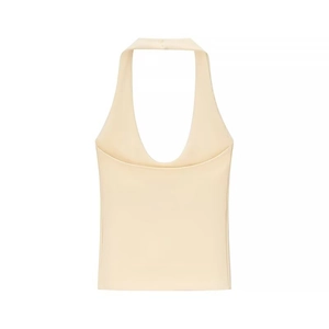 Chic beige halter neck backless slim fit top for women with minimalist deep V neckline