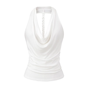 Detail eines weißen Neckholder-Tops mit Wasserfallausschnitt und gedrehtem Seilakzent