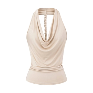 Elegantes aprikosenfarbenes Neckholder-Top mit Wasserfallausschnitt und geflochtenem Rücken