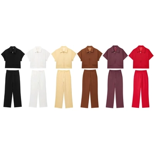 Women short sleeve lapel jacket and high waist straight pants set in six colors