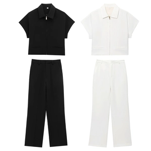Women's casual two-piece suit with short sleeve zipper top and high waist wide leg pants