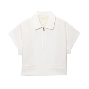 Close-up of a white short-sleeved zip jacket featuring a classic collar and smooth fabric