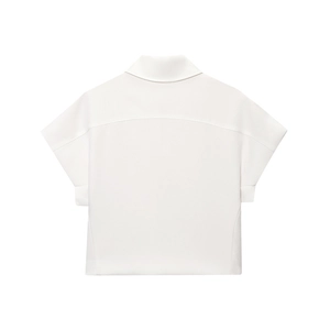 Back view of a white minimalist short sleeve jacket with a lapel collar and structured fabric