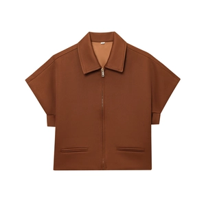 Women's spring brown short sleeve lapel jacket with zipper closure in flat lay view