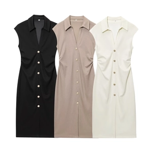 Damen Ärmelloses Midi-Kleid mit V-Ausschnitt und Knöpfen in Schwarz, Khaki und Beige
