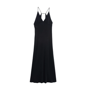 Elegante Dames Satijn Maxi Jurk Zwart Diepe V-Hals Spaghettibandjes Lange Avondjurk Zomer Mouwloos Rugloos Slip Jurk