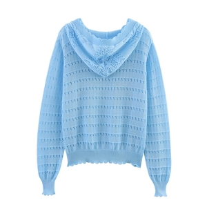 Détail du dos du sweat à capuche en maille ajourée bleu clair à bords festonnés