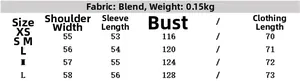 Detailed size chart for striped loose shirt and shorts set with fabric and weight info
