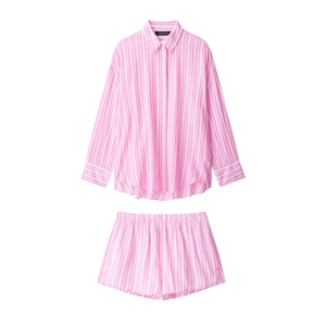Women's pink and white striped pajamas set with long sleeve shirt and elastic shorts