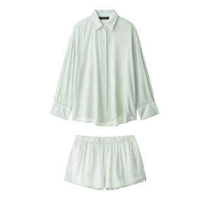 Women's light green and white striped two-piece set with button-down shirt and elastic shorts
