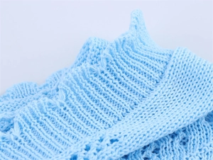 Gros plan sur maille bleu ciel avec motifs géométriques ajourés et détails de bord-côte