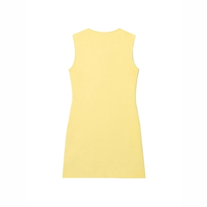 Sleeveless yellow knit midi dress featuring minimalist design and refined ribbed texture