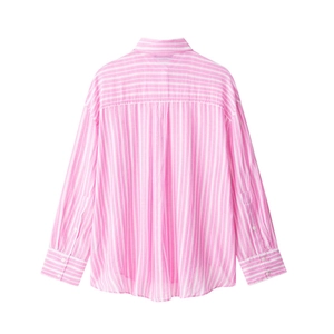 Back view of striped long sleeve cotton shirt featuring classic pink and white vertical stripes