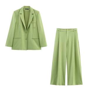 Damen Casual Hellgrün Blazer Und Weite Beinhose Zweiteiler Locker Reverskragen Langarm Knopf Büroanzug