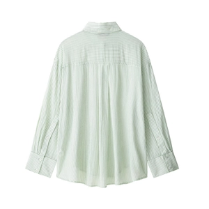 Detail view of striped loose shirt back showing yoke structure and back box pleat