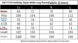 Detaillierte Größentabelle für Leinen-Hosen mit Angaben zu Taille und Hüfte