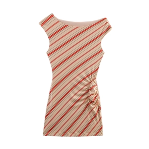 Women Sexy Asymmetric Neck Mesh Ruched Midi Dress Red Stripe Sleeveless Slim Fit Bodycon Party Dress Bodycon Streetwear Outfit