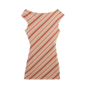 Slim fit off-shoulder bodycon dress with asymmetric stripes in red, black and beige