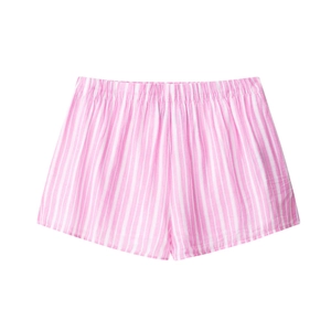 Detail of pink and white striped pajama shorts with elastic waistband and soft fabric