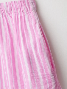 Close-up of pink striped shorts with elastic waistband and side pocket detail