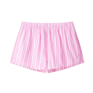 Detail of pink and white striped cotton pajama shorts with elastic waistband