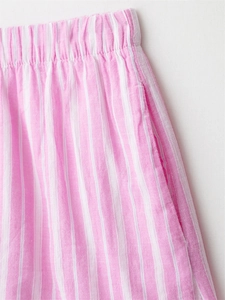 Detail of pink striped shorts showing elastic waistband and functional side pockets