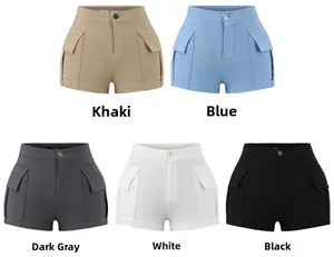 Detailed view of high-waist cargo shorts featuring utility pockets and multi-color options