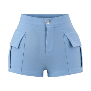 Women's light blue high-waisted cargo shorts with large flap pockets and slim fit design