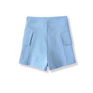 Rear view of high-waisted light blue cargo shorts featuring large symmetrical flap pockets