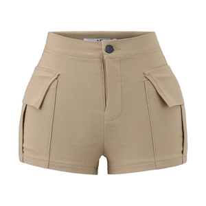 Women's khaki high-waisted cargo shorts with utility flap pockets and button closure
